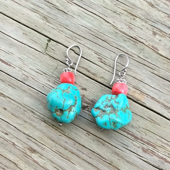 Silver Turquoise Red Earrings - Picture 2 of 2